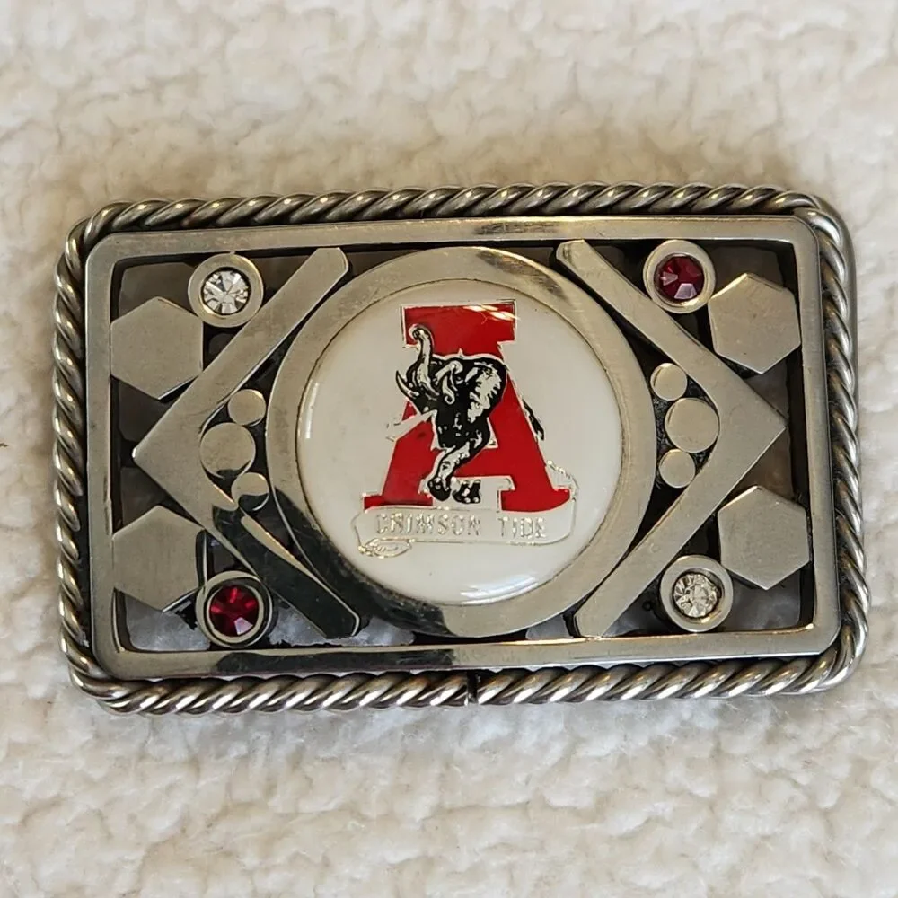 Alabama Crimson Tide Silver Tone Metal Rhinestone Belt Buckle Block A Elephant